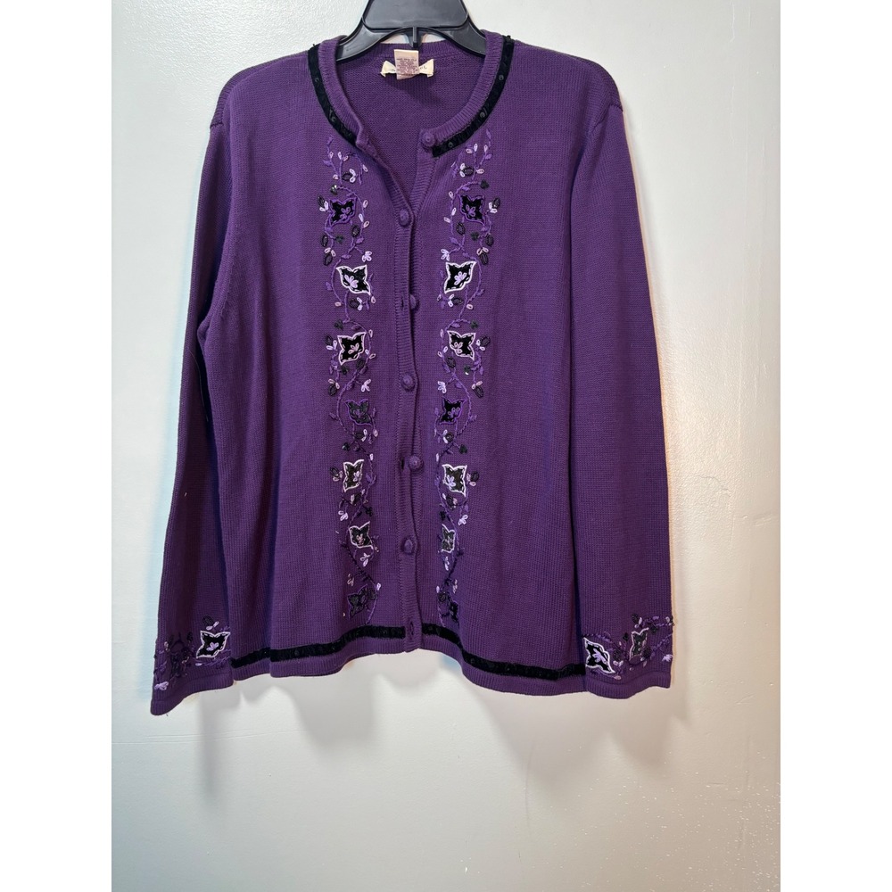 Bechamel Vintage Purple Floral Embroidered Button Front Cardigan Sweater Large